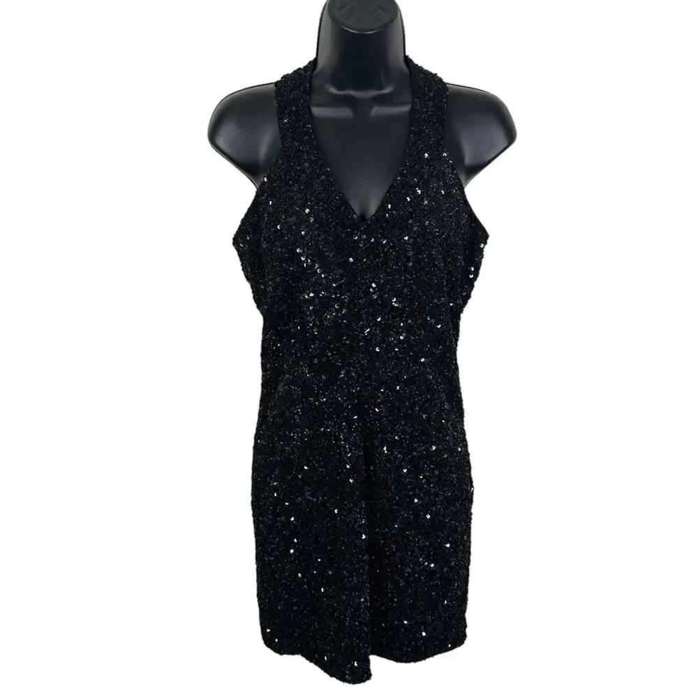 Allsaints Size 6 Black Sequin V-Neck Sleeveless Cazia Dress - Picture 3 of 12